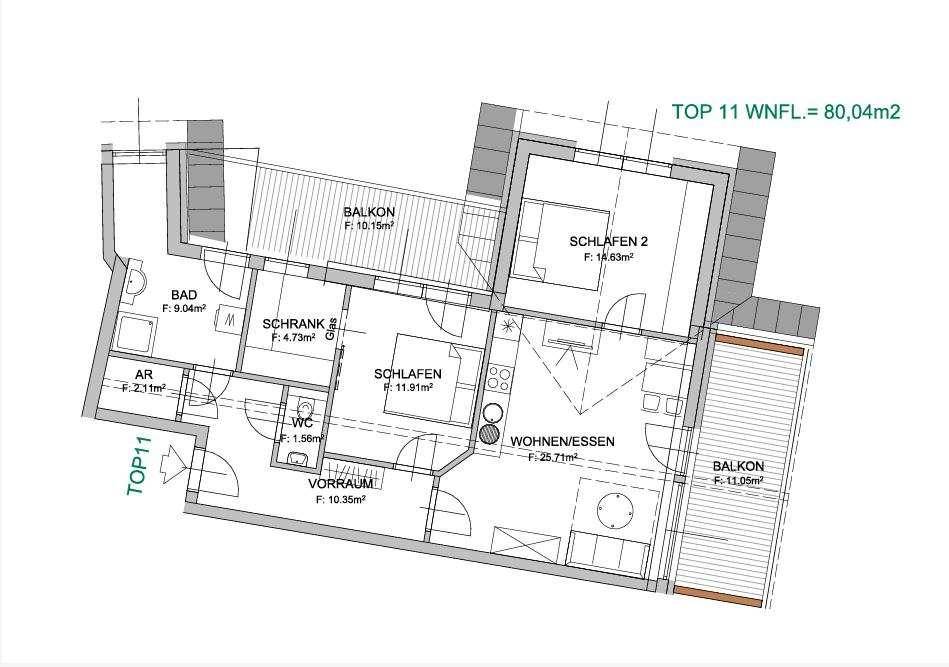 Grundriss der Wohnung TOP 11 mit zwei Balkonen, zwei Schlafzimmern und offenem Wohn-Essbereich.