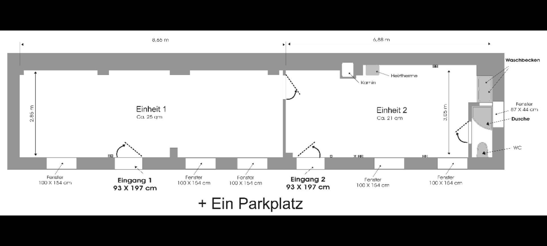 Grundriss mit zwei Einheiten, Duschbereich und WC, sowie einem Parkplatz.