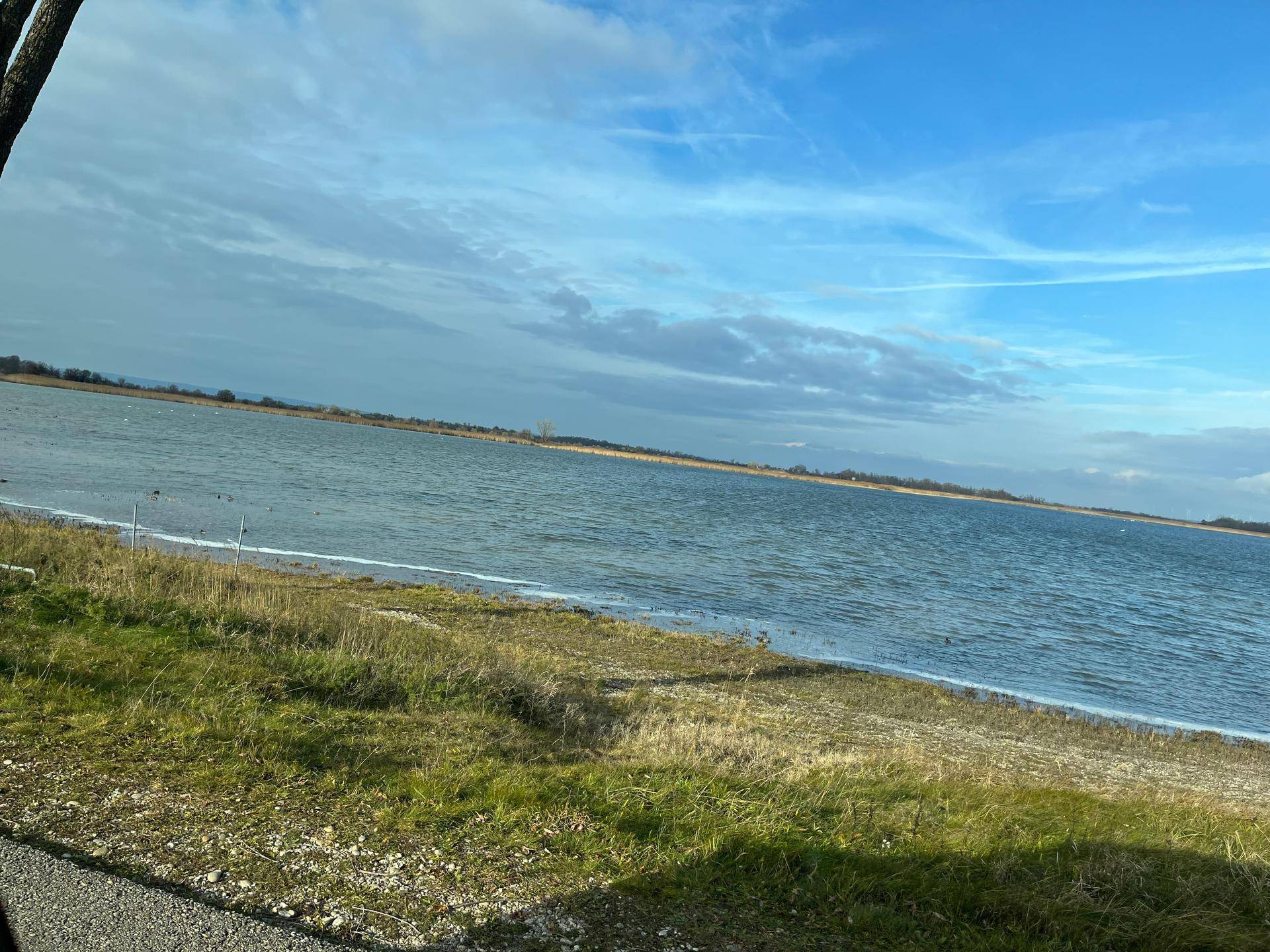 Weitläufiger Blick auf einen See mit Uferbereich und bewölktem Himmel, ideal für Naturliebhaber.