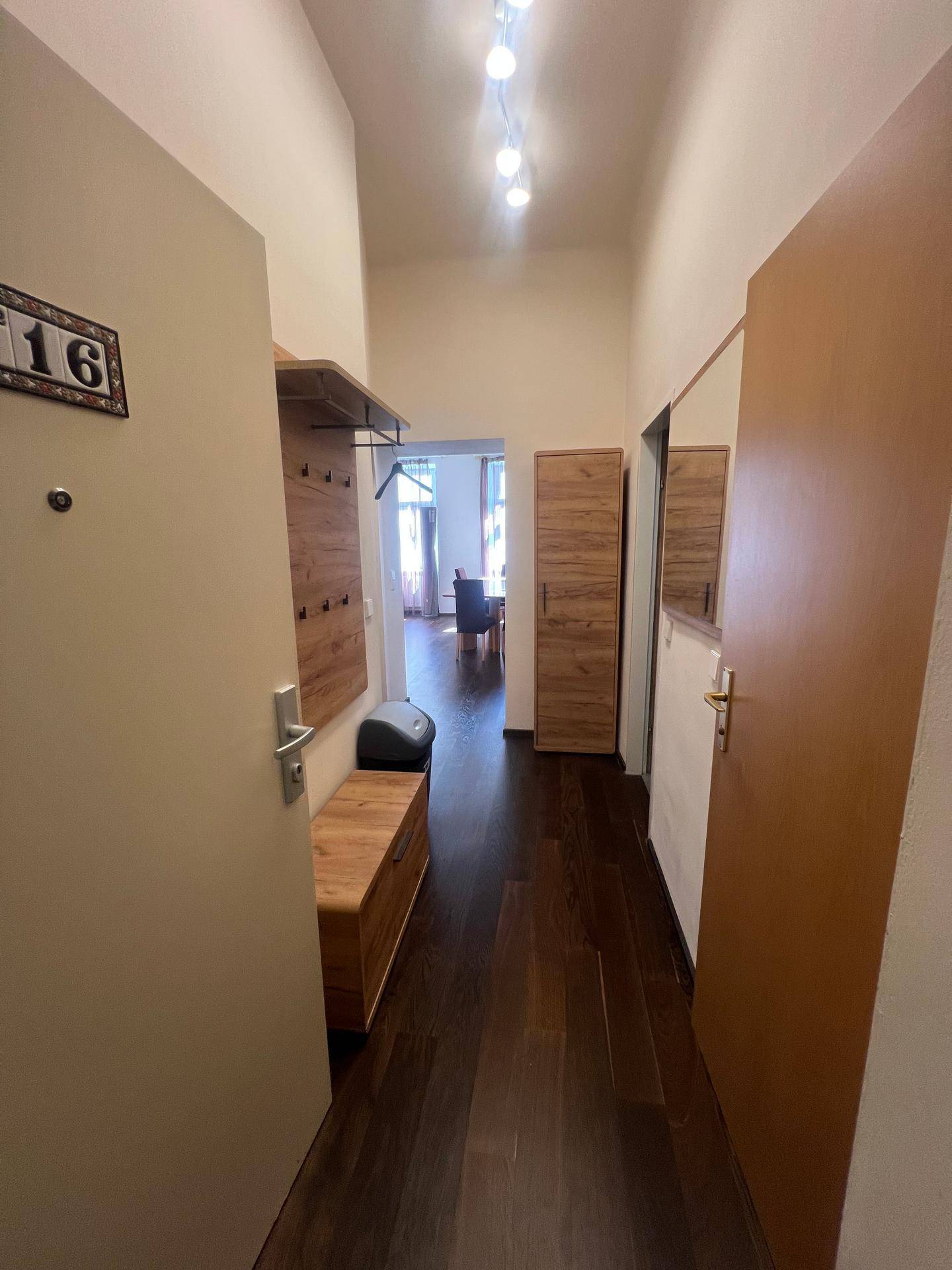 Heller Flur mit dunklem Holzboden, Garderobe und Blick in die angrenzenden Wohnbereiche.