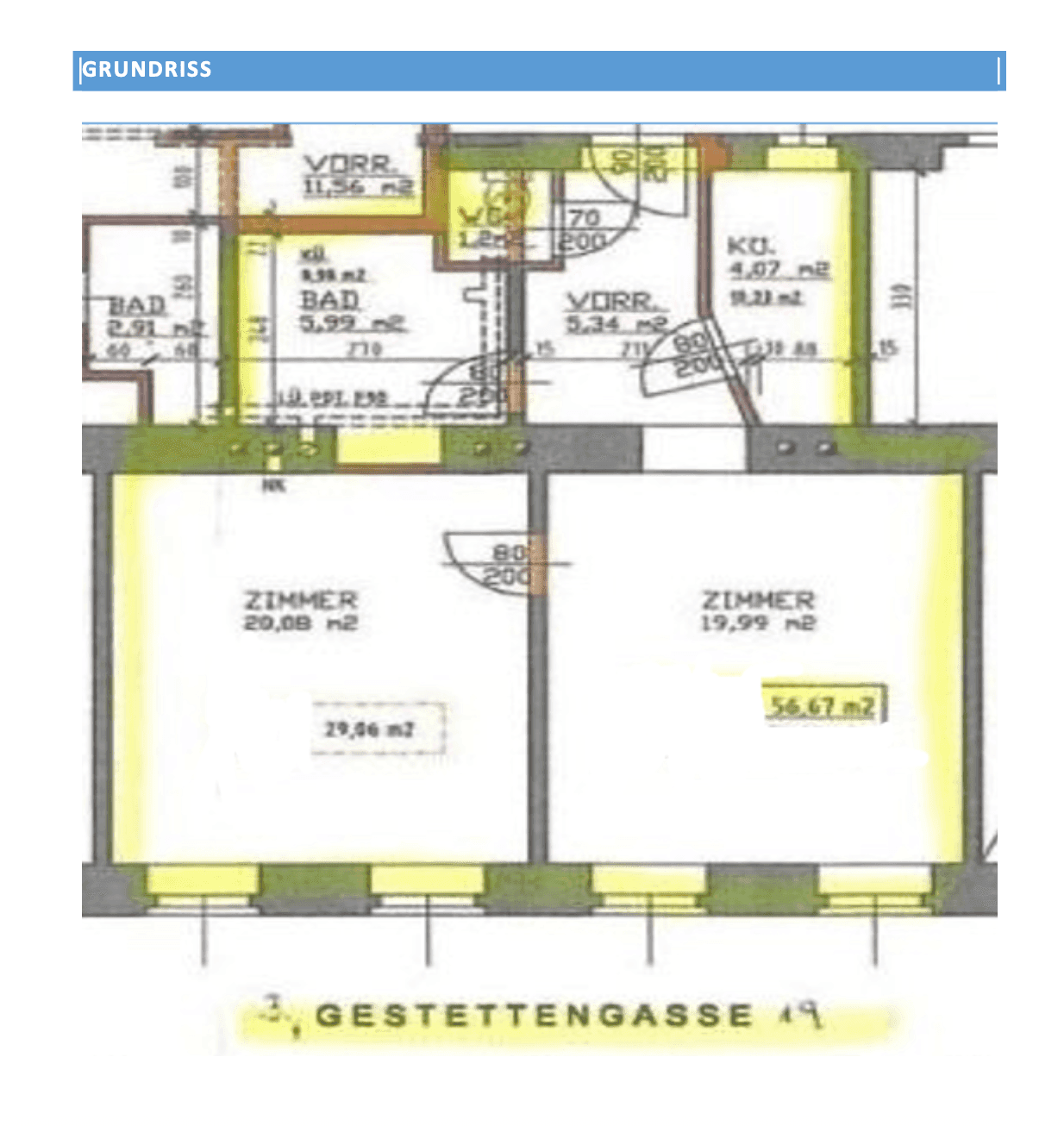 Grundriss einer Wohnung mit zwei Zimmern, Bad, Vorraum und Küche, inklusive Flächenangaben.