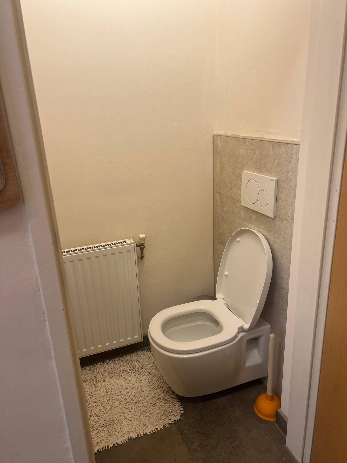 Kleines Gäste-WC mit wandmontierter Toilette und Heizkörper, funktional und platzsparend gestaltet.