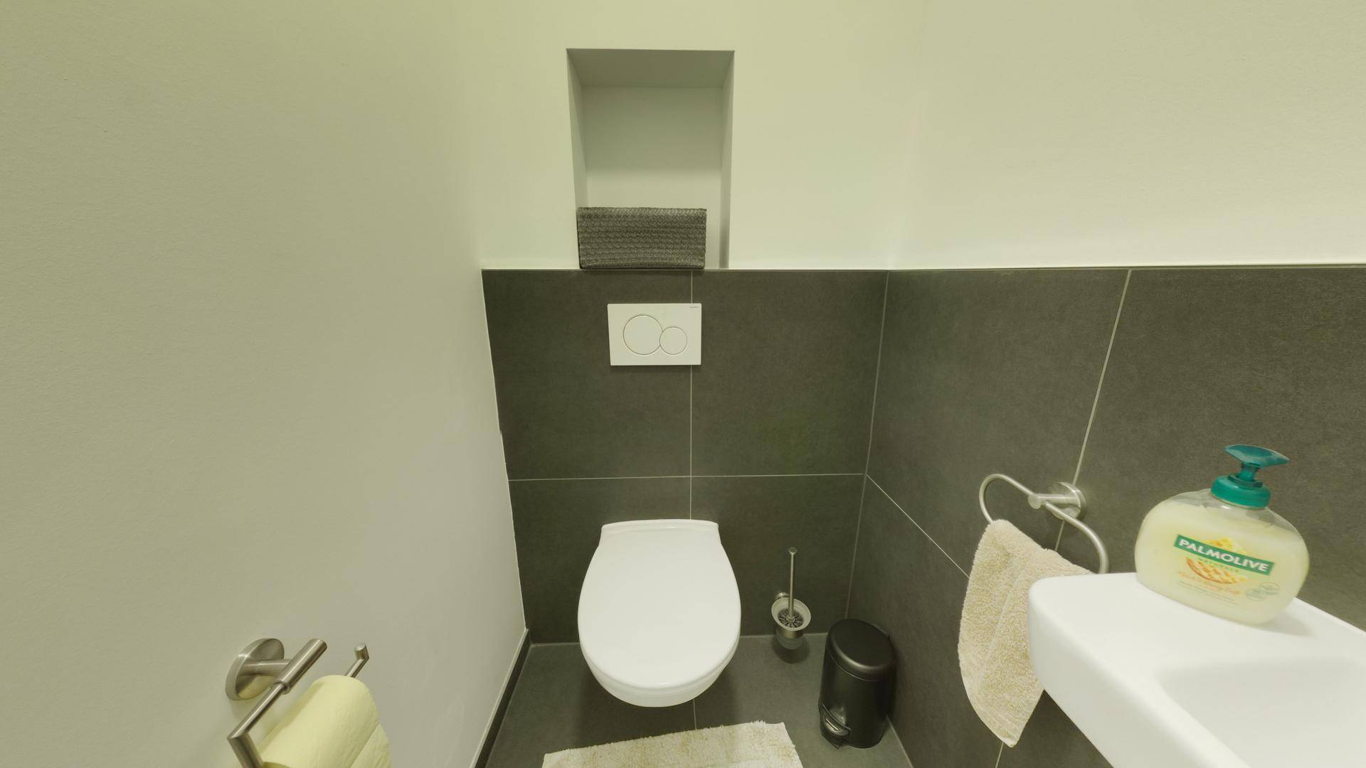 Modernes Gäste-WC mit dunklen Fliesen, wandhängender Toilette und kleinem Waschbecken.