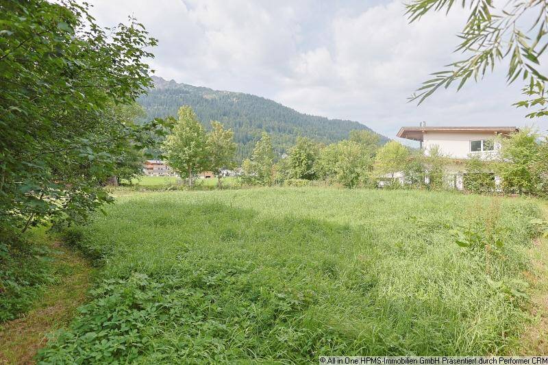 Großes grünes Grundstück mit Bergblick und einem Haus am rechten Bildrand.