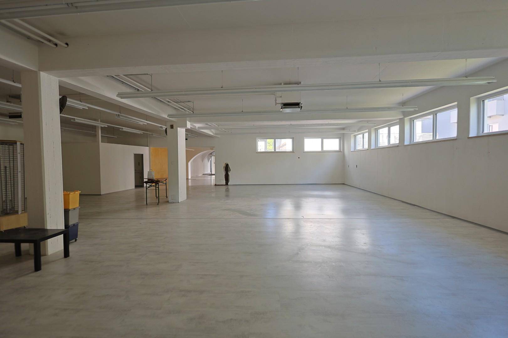 Großer, leerer Gewerberaum mit Betonboden, vielen Fenstern und hohen Decken.