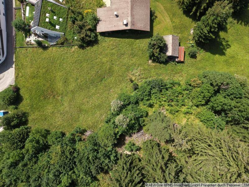 Luftaufnahme eines weitläufigen Grundstücks mit angrenzendem Wald und benachbarten Gebäuden.