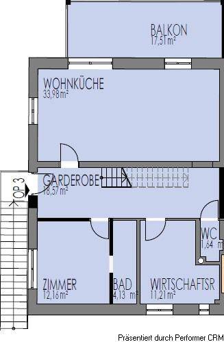Grundriss des Erdgeschosses mit Wohnküche, Zimmer, Bad, WC und Balkon.