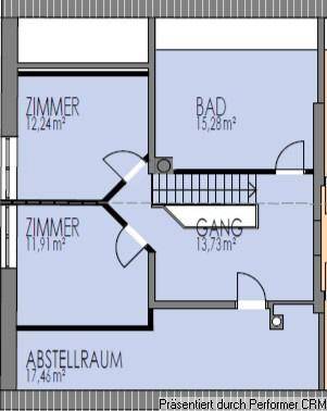 Grundriss des Obergeschosses mit zwei Zimmern, Bad, Gang und Abstellraum.