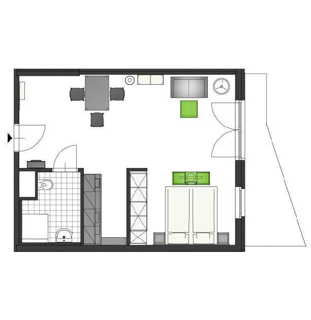 Grundriss eines Studio-Apartments mit integrierter Küchenzeile, Schlafbereich und Balkonzugang.