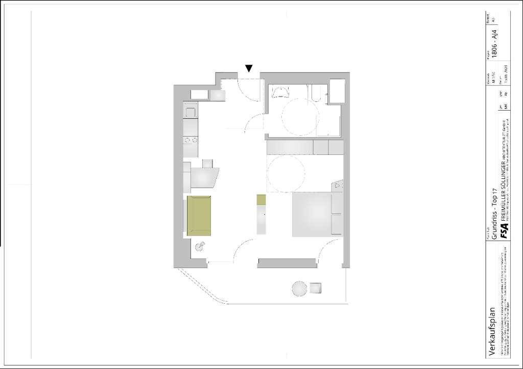 Grundriss einer Einzimmerwohnung mit separatem Bad und Balkon, ideal für Singles.