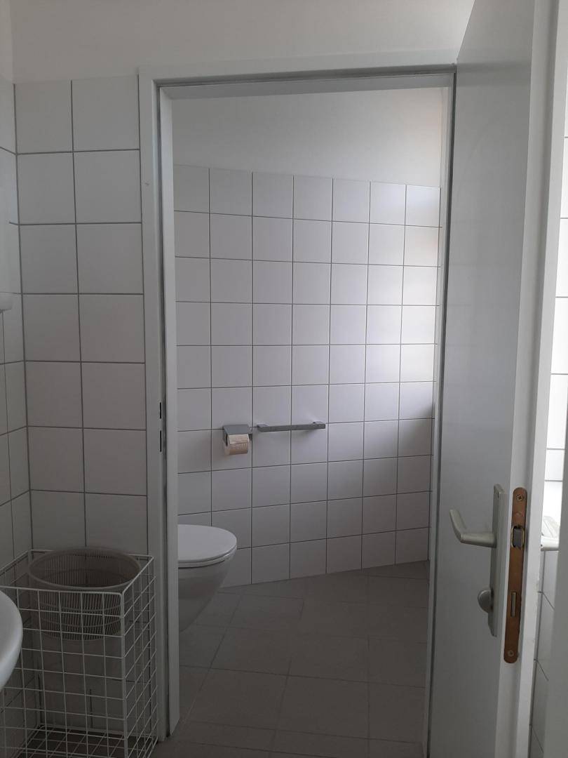 Toilettenbereich mit weißen Wandfliesen, WC und einem Papierkorb, zugänglich durch eine Tür.