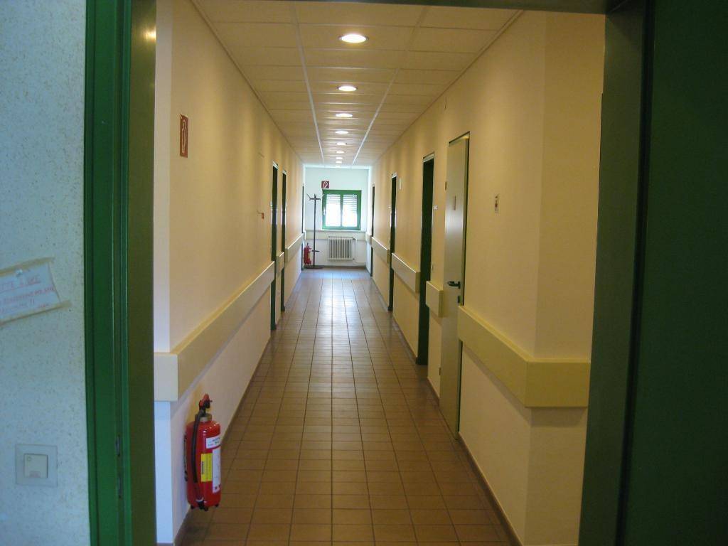 Ein langer, heller Flur mit Fliesenboden und mehreren Türen, der zu einem Fenster am Ende führt.