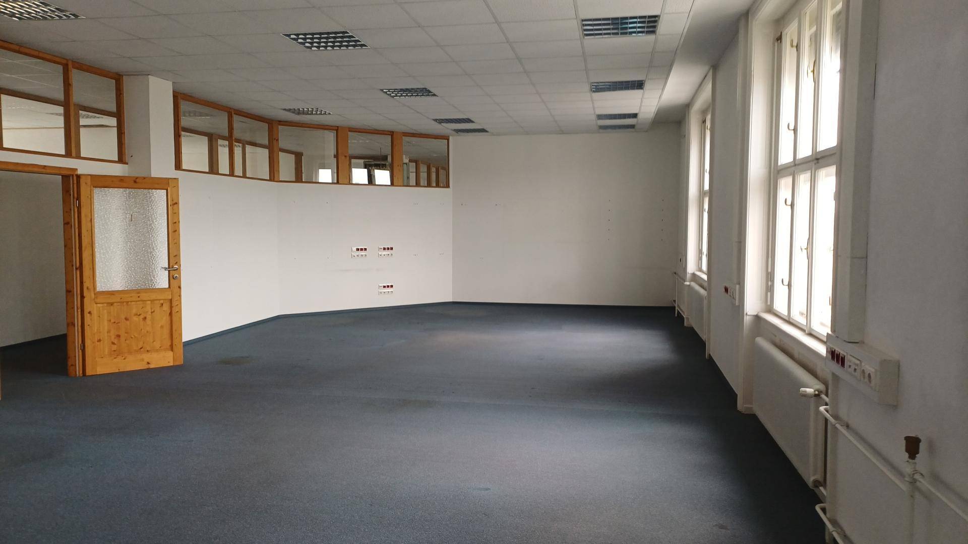 Geräumiger Büroraum mit blauem Teppichboden, vielen Fenstern und einer Holztür mit Glaseinsatz.