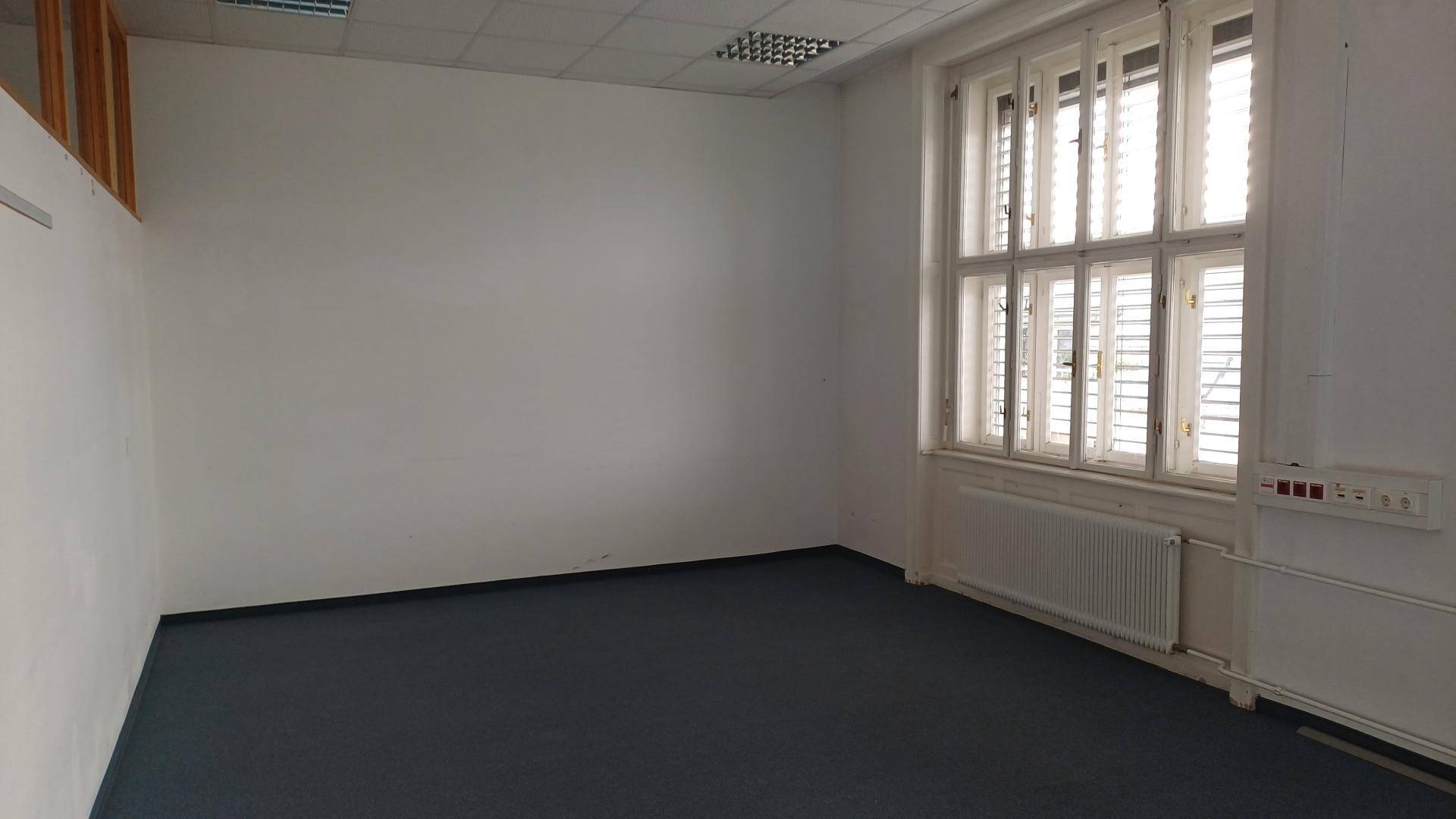 Heller Büroraum mit blauem Teppichboden, weißen Wänden und großen Fenstern.