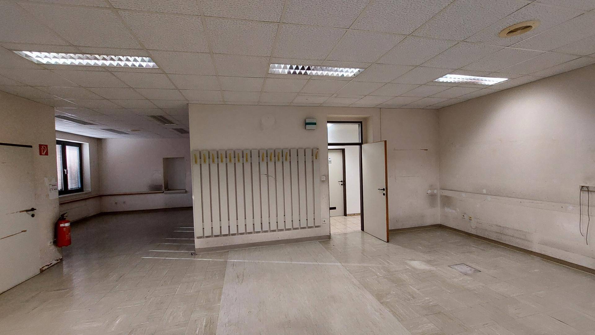 Großer, leerer Raum mit mehreren Fenstern, Deckenbeleuchtung und Heizkörpern an der Wand.