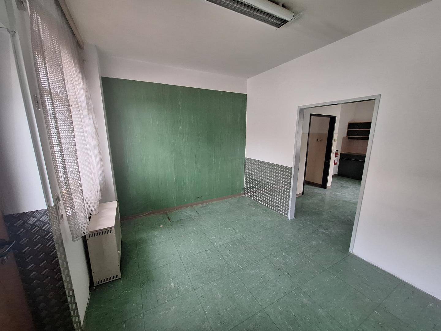 Kleinerer Raum mit grüner Wand, Fliesenboden und Metallverkleidung im unteren Bereich.