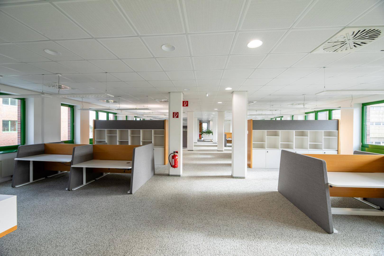Weitläufiger Büroraum mit mehreren Arbeitsplätzen, Säulen und Blick nach draußen.