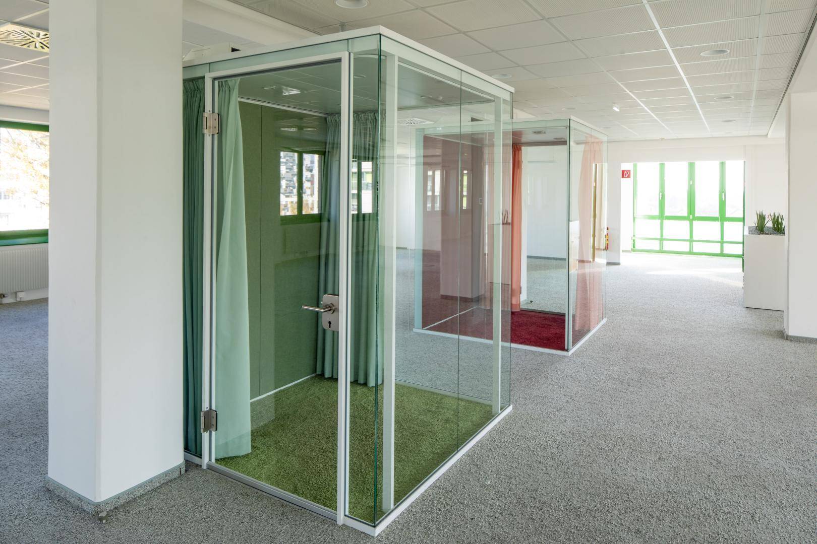 Offener Bürobereich mit Teppichboden und modernen Glasboxen für Besprechungen oder konzentriertes Arbeiten.