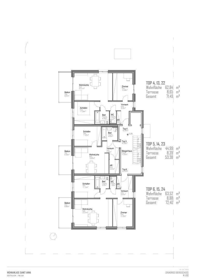 Grundrissplan zeigt drei separate Wohneinheiten mit jeweils offener Wohnküche, Schlafzimmern, Bad, WC und Balkon.