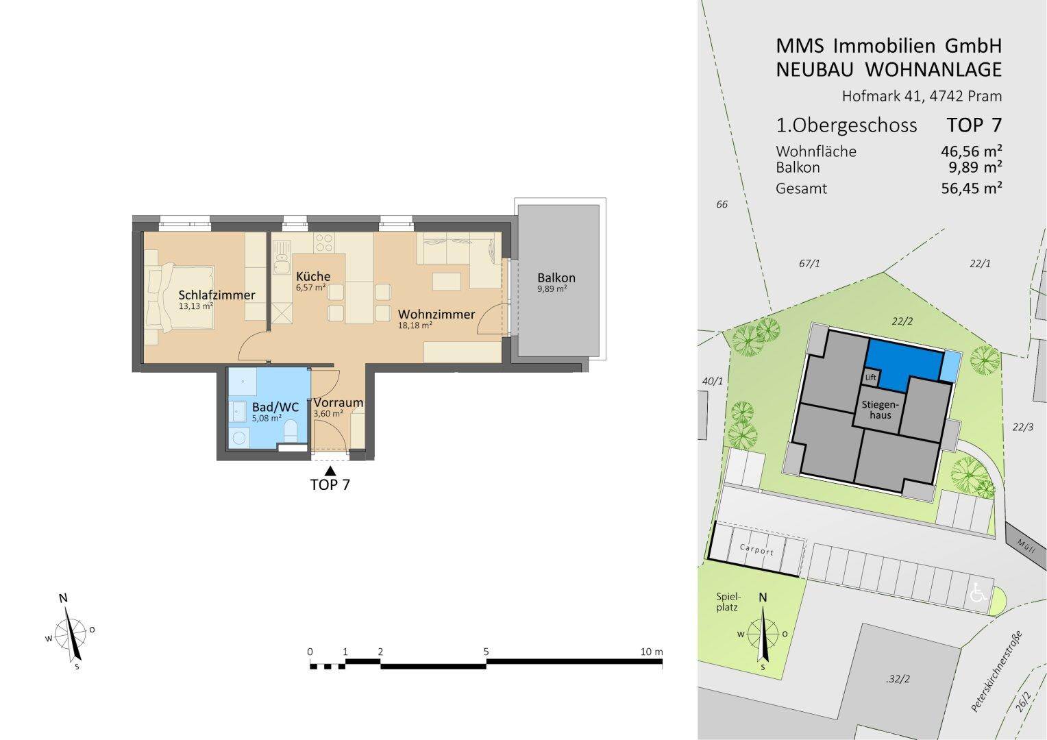 Grundriss der Wohnung TOP 7 mit Schlafzimmer, Wohnzimmer, Küche und Balkon.