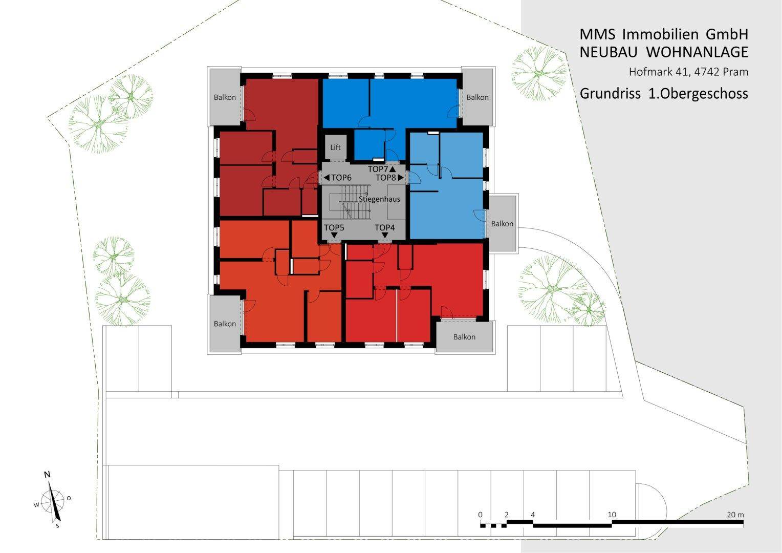 Grundriss des ersten Obergeschosses mit mehreren Wohneinheiten und Balkonen.