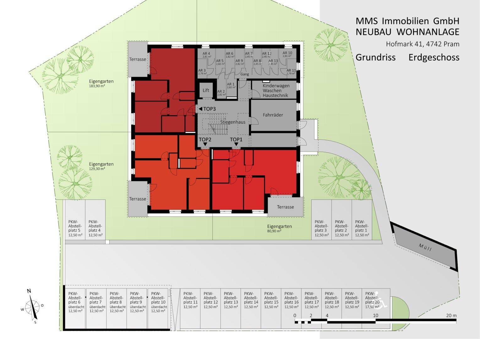 Grundriss des Erdgeschosses mit mehreren Wohneinheiten, Terrassen und Parkplätzen.