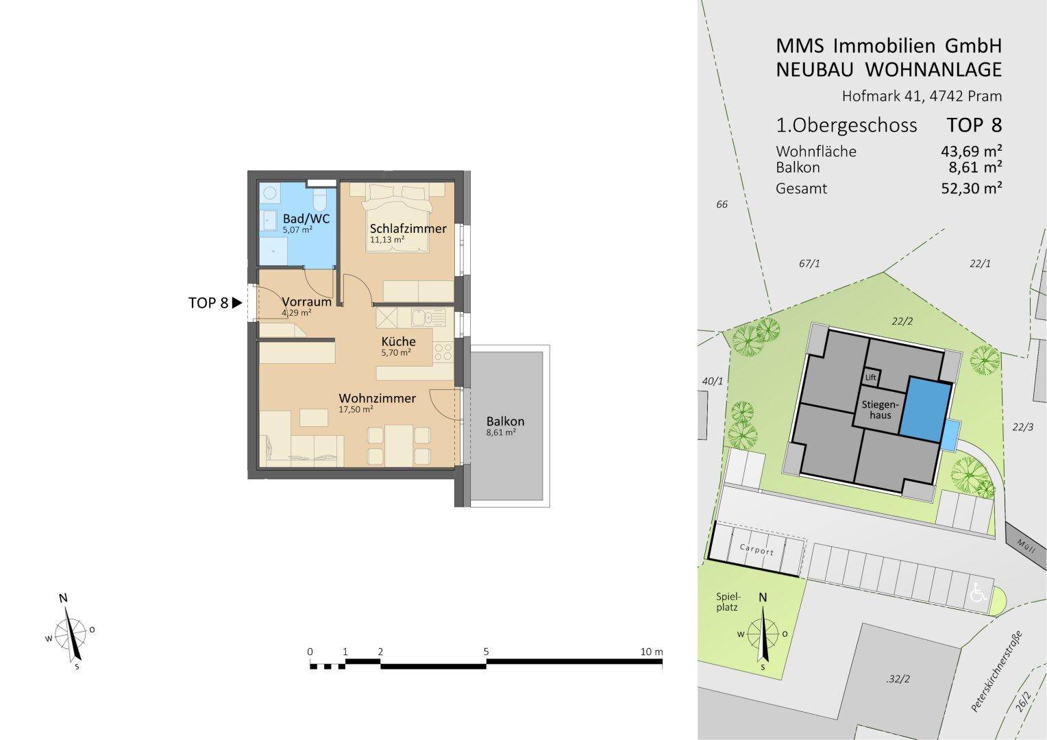 Grundriss des 1. Obergeschosses (Top 8) mit Wohnzimmer, Schlafzimmer, Küche und Balkon.
