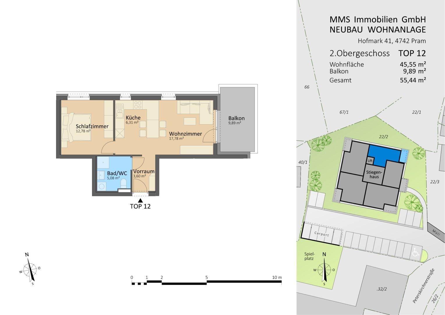 Grundriss der Wohnung TOP 12 mit Schlafzimmer, Wohnzimmer, Küche, Bad/WC und Balkon.