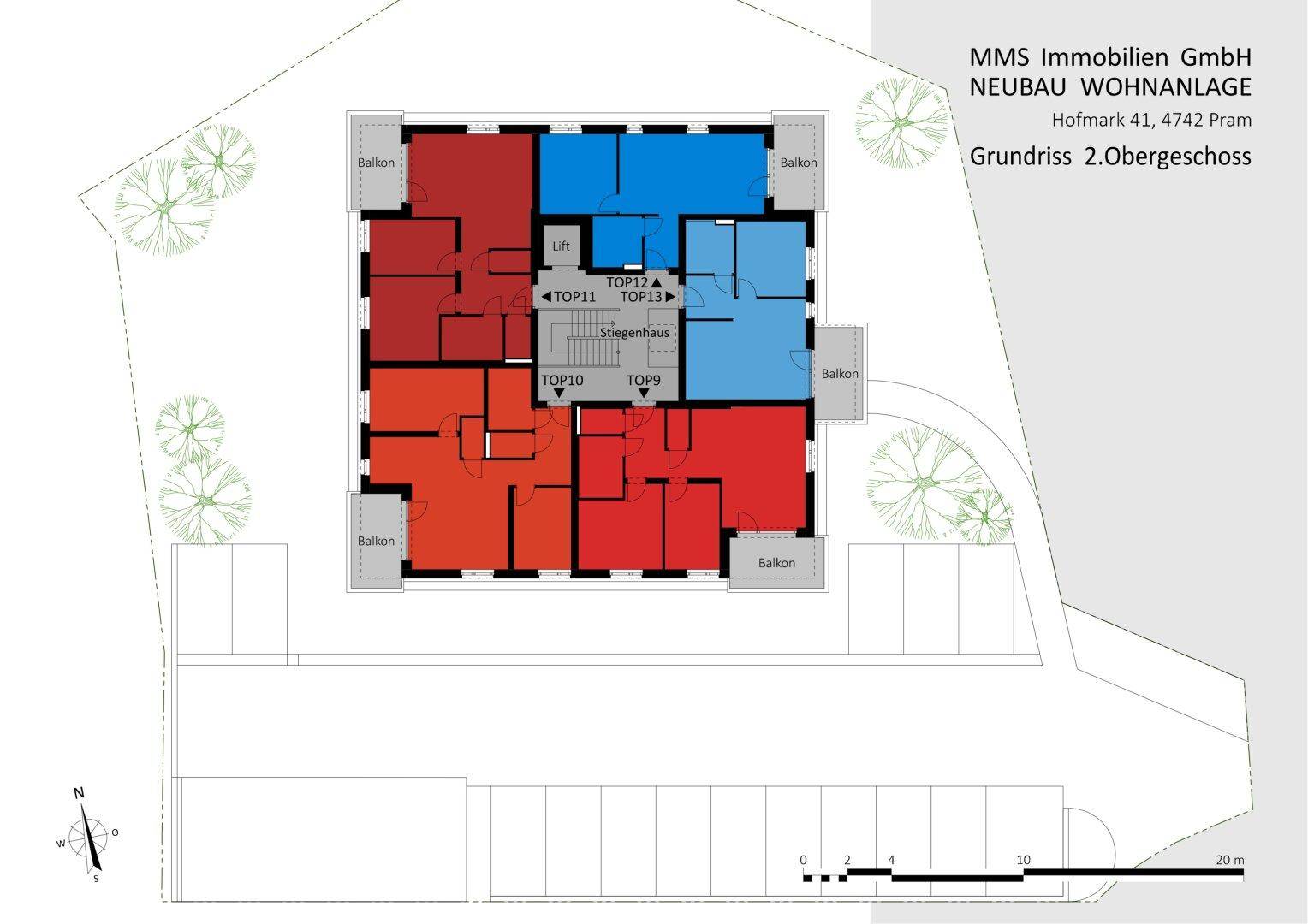 Gesamtgrundriss des 2. Obergeschosses der Wohnanlage mit mehreren Apartments und Balkonen.