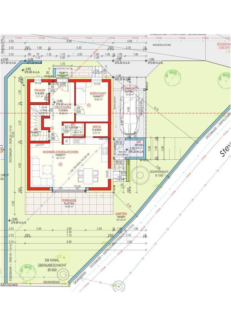 Grundriss des Erdgeschosses mit offenem Wohn-Essbereich, Terrasse, Garten und Carport.