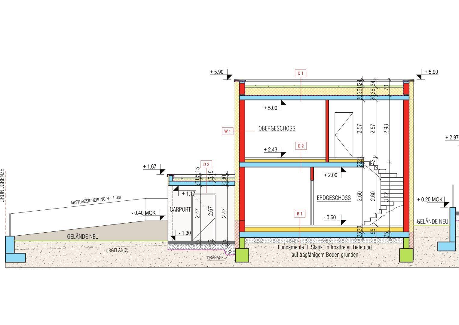 Gebäudeschnitt mit Erd- und Obergeschoss, Carport und Höhenangaben der Konstruktion.