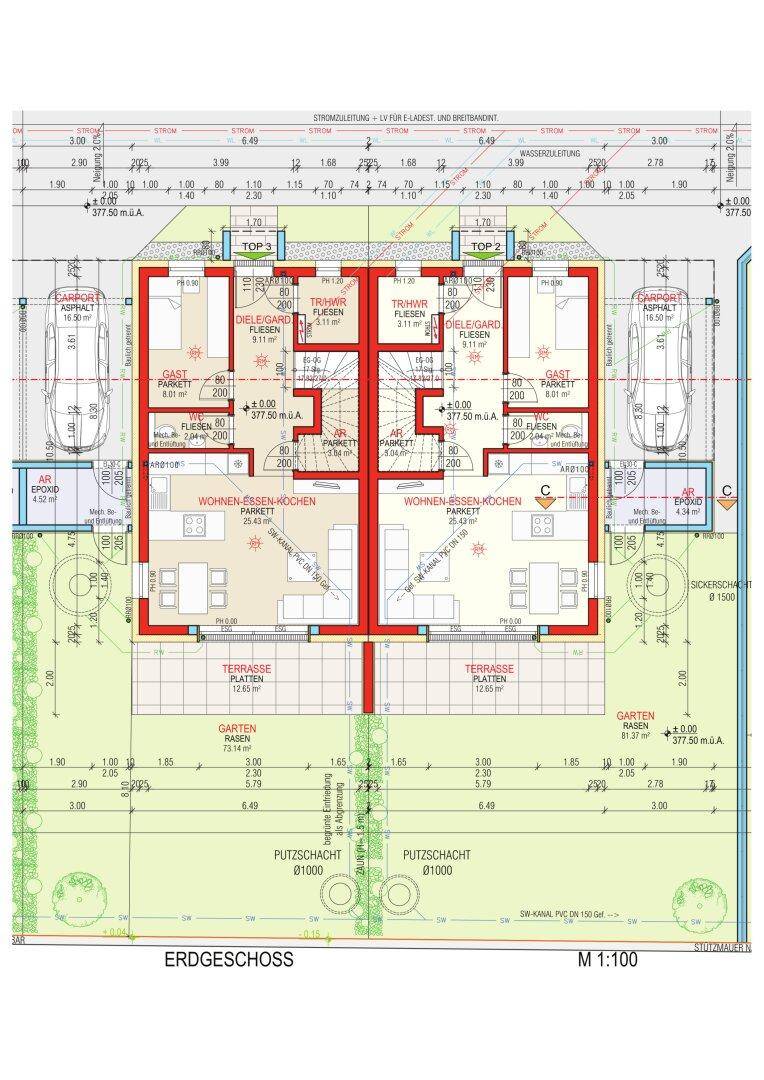 Grundriss des Erdgeschosses mit offenem Wohn-Ess-Küchenbereich, Gäste-WC und Terrasse.