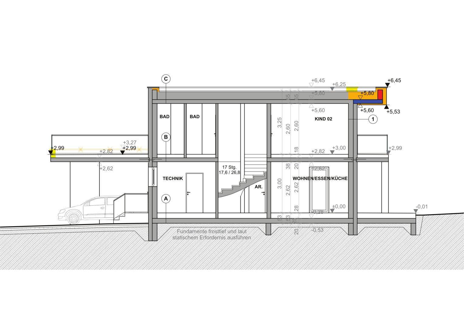 Gebäudeschnittansicht mit verschiedenen Ebenen, Wohn-/Essküche, Bad und Schlafzimmer.