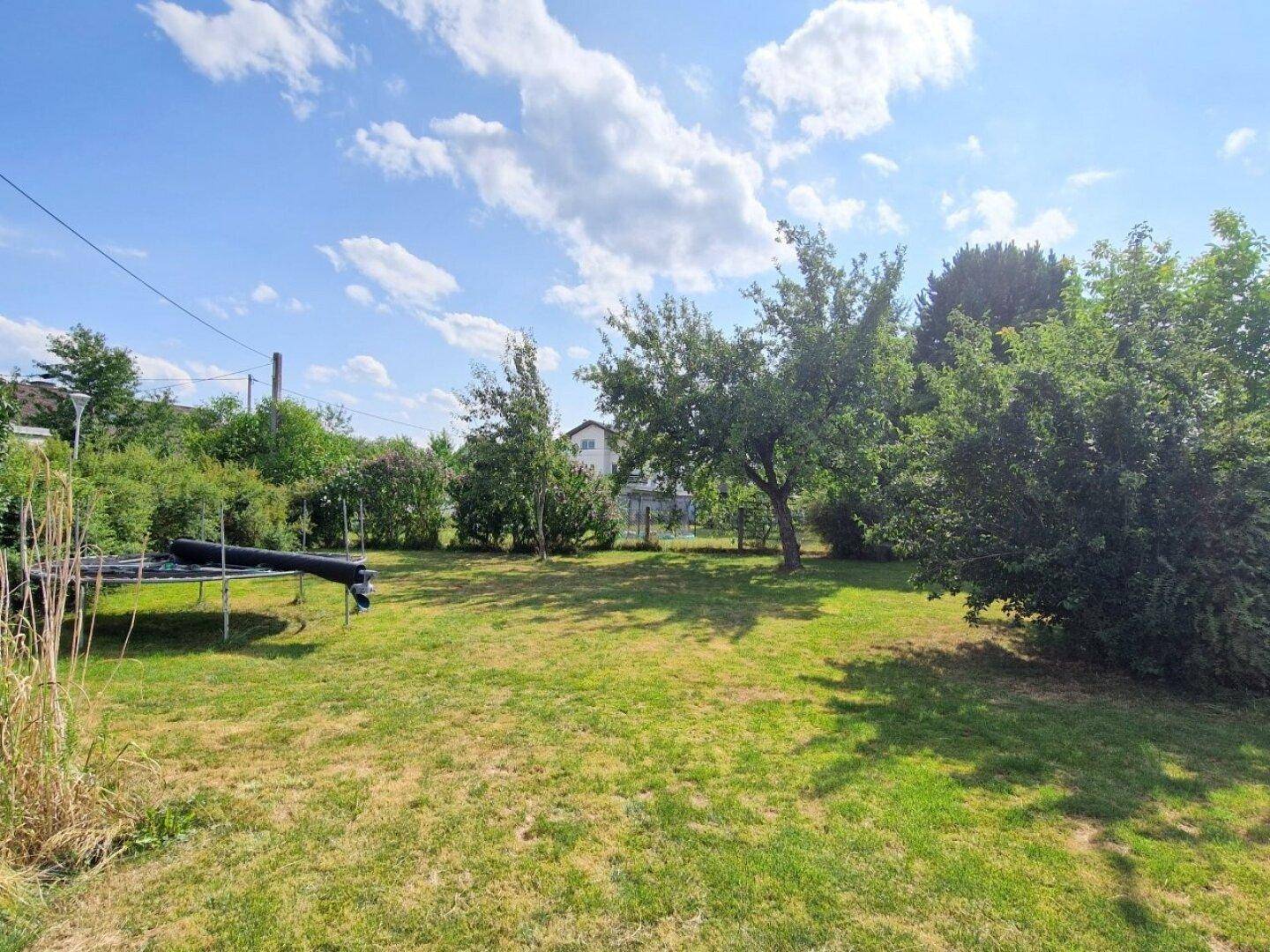 Großer, gepflegter Garten mit Rasenfläche, Bäumen und einem Trampolin.