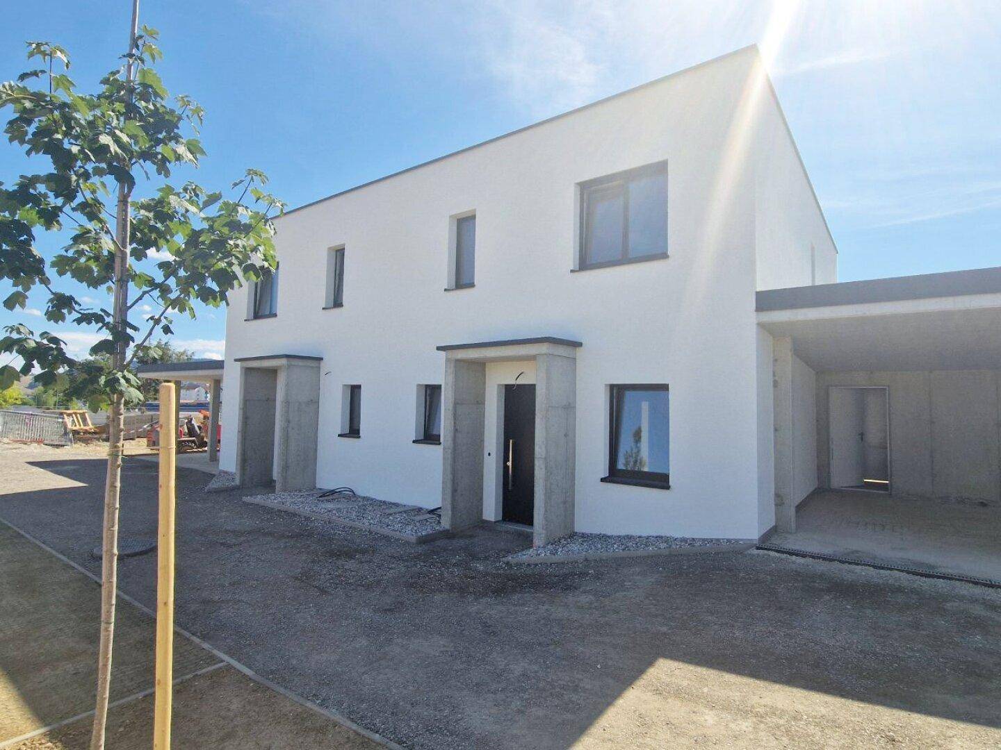 Vorderansicht der modernen Neubauhäuser mit Carport und jungem Baum im Vorgartenbereich.