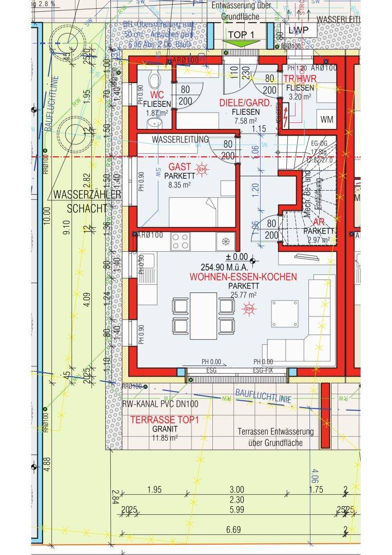 Detaillierter Grundriss einer Erdgeschosseinheit mit offenem Wohnbereich und Terrasse.