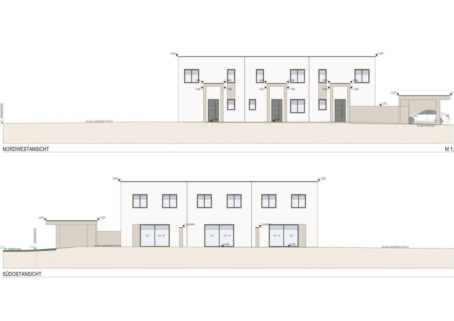 Ansichten einer Reihenhauszeile mit großen Fenstern, Terrassenzugang und einem Carport.