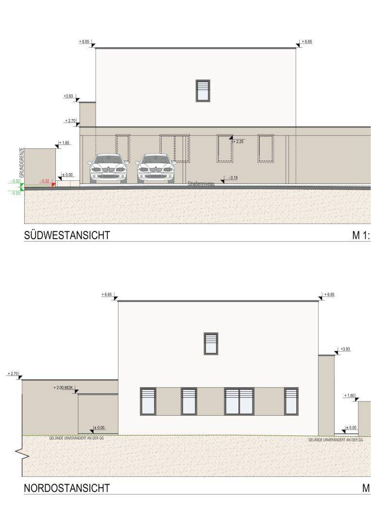 Südwest- und Nordostansichten des Gebäudes mit Parkplätzen und minimalistischer Fassade.