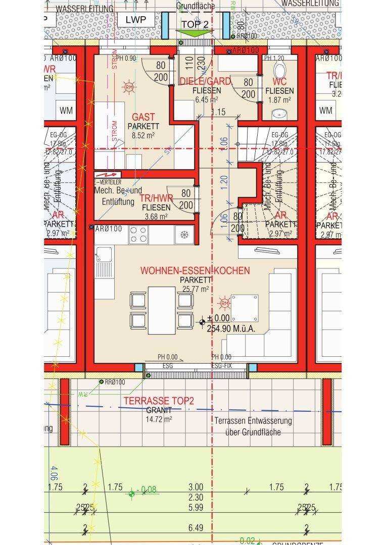 Detaillierter Grundriss des Erdgeschosses mit offenem Wohn-Ess-Küchenbereich und Terrasse.