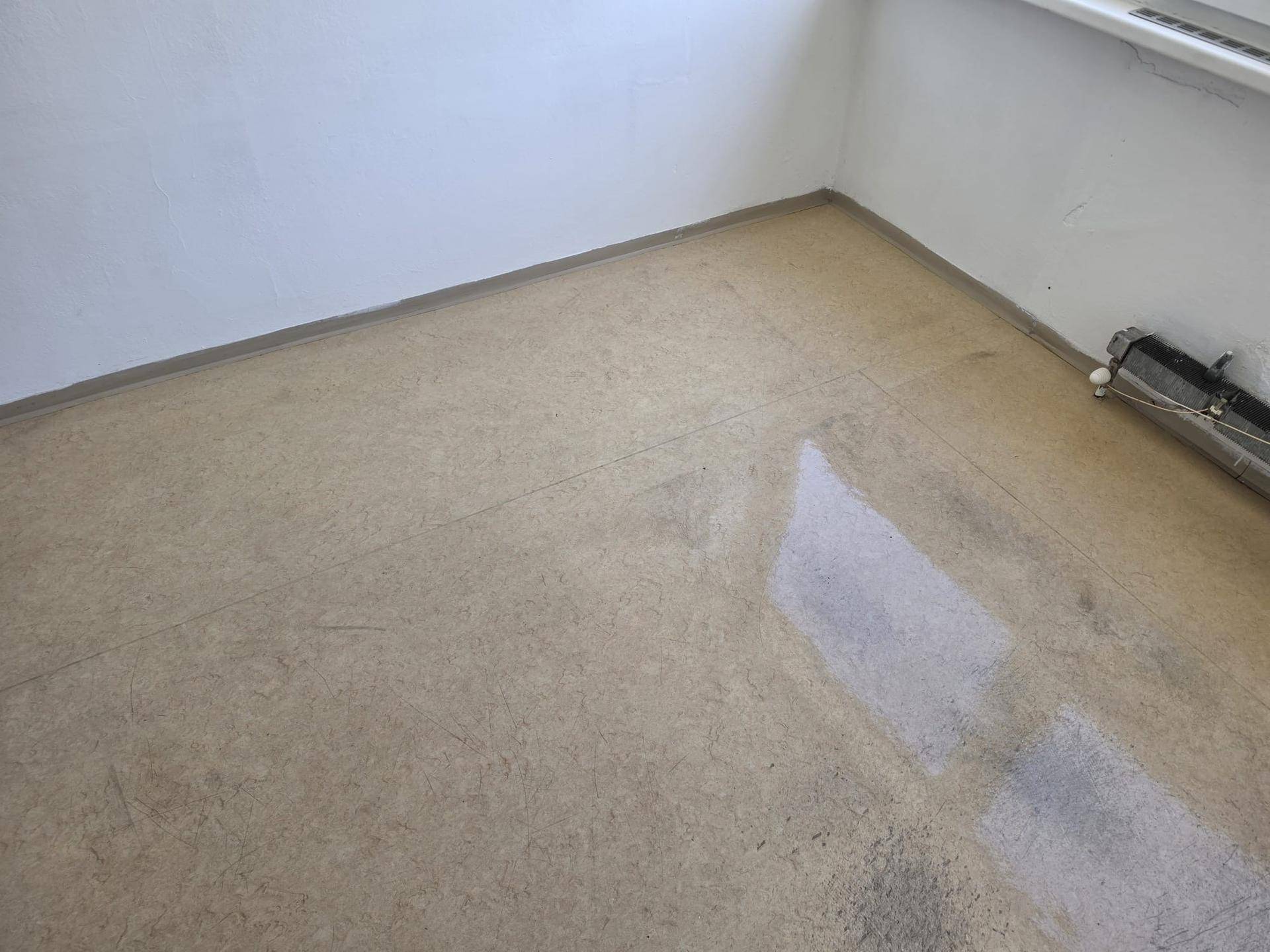 Nahaufnahme des unfertigen Bodens in einem hellen Zimmer, bereit für die Verlegung eines neuen Belags.