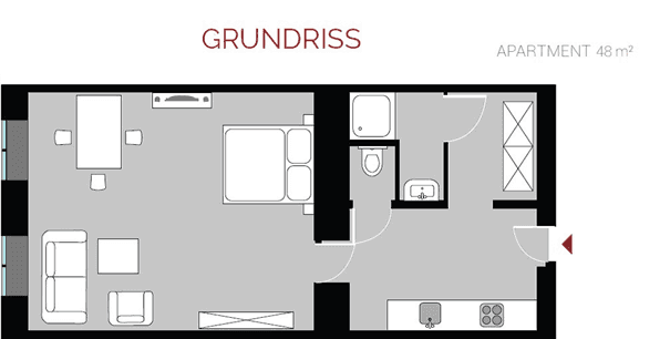 Grundriss einer 48 m² Wohnung mit Schlafzimmer, Wohnbereich und Küche.