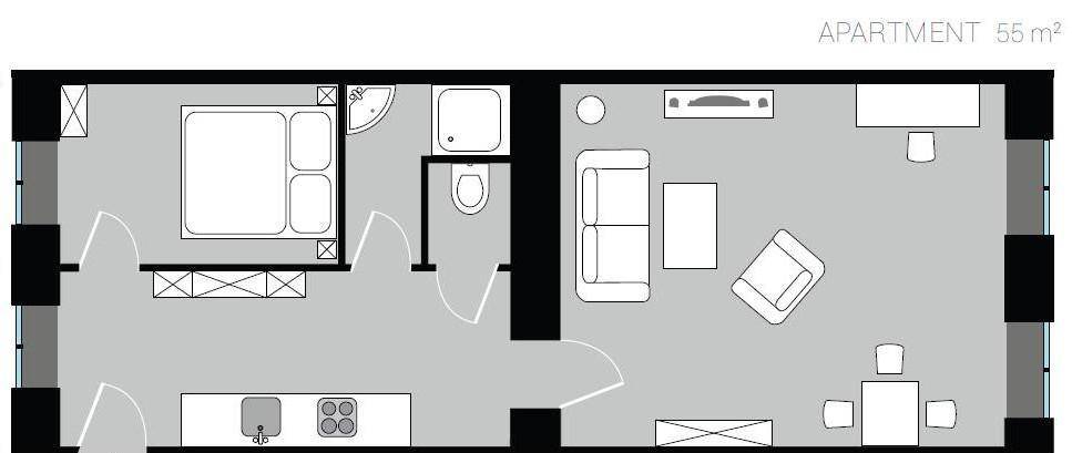 Grundriss einer 55 m² Wohnung mit Schlafzimmer, Bad und offenem Wohnbereich.