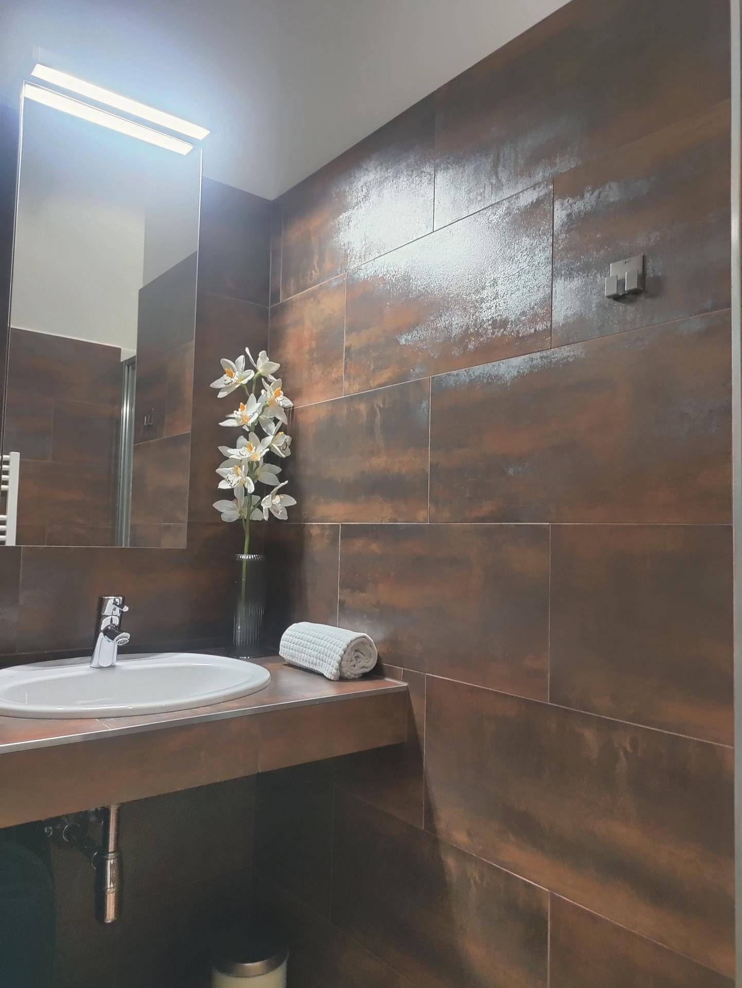 Modernes Badezimmer mit Einzelwaschbecken, Spiegel und dunklen Wandfliesen.