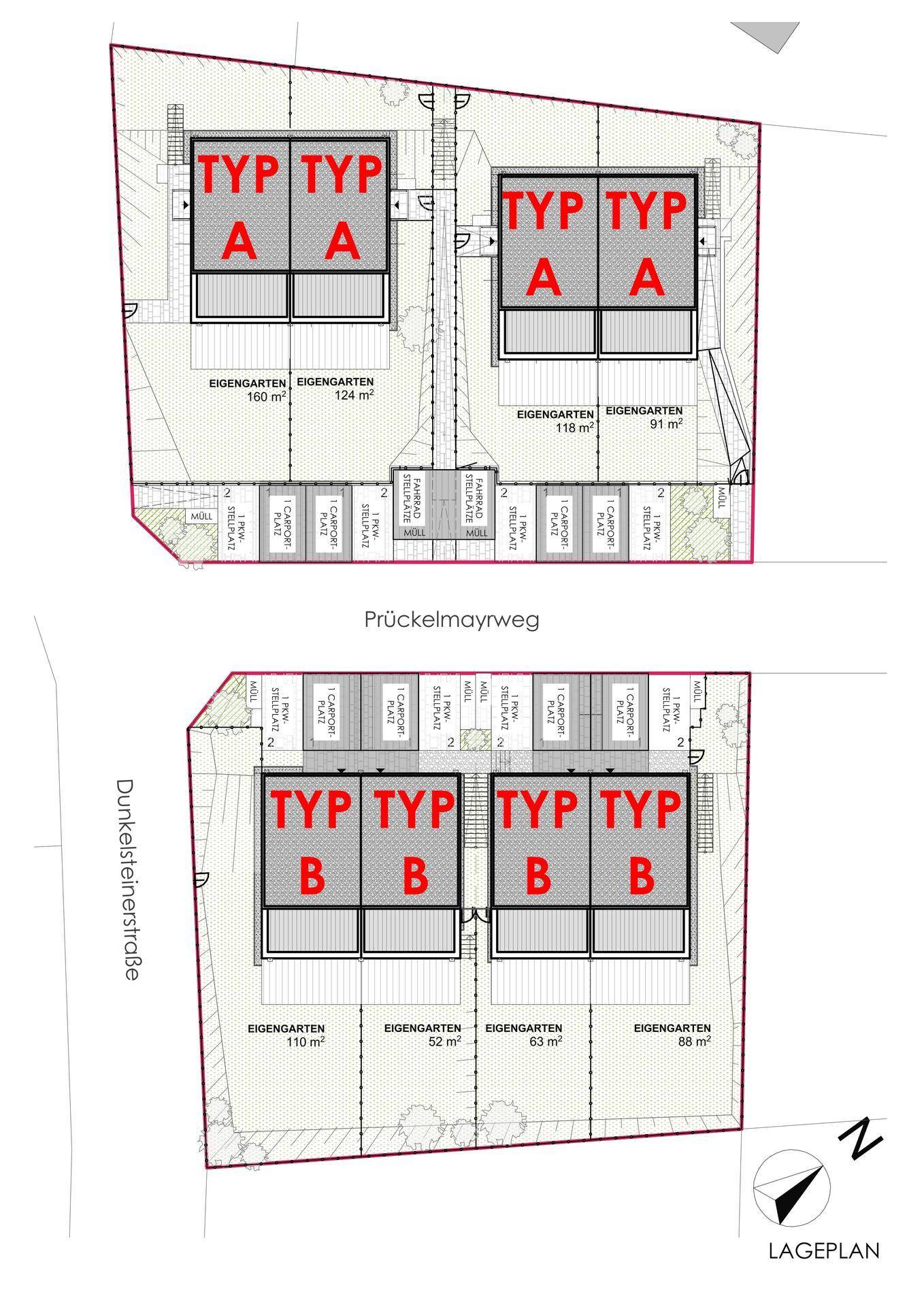 Lageplan der Reihenhäuser Typ A und B mit zugehörigen Eigengärten und Parkplätzen.