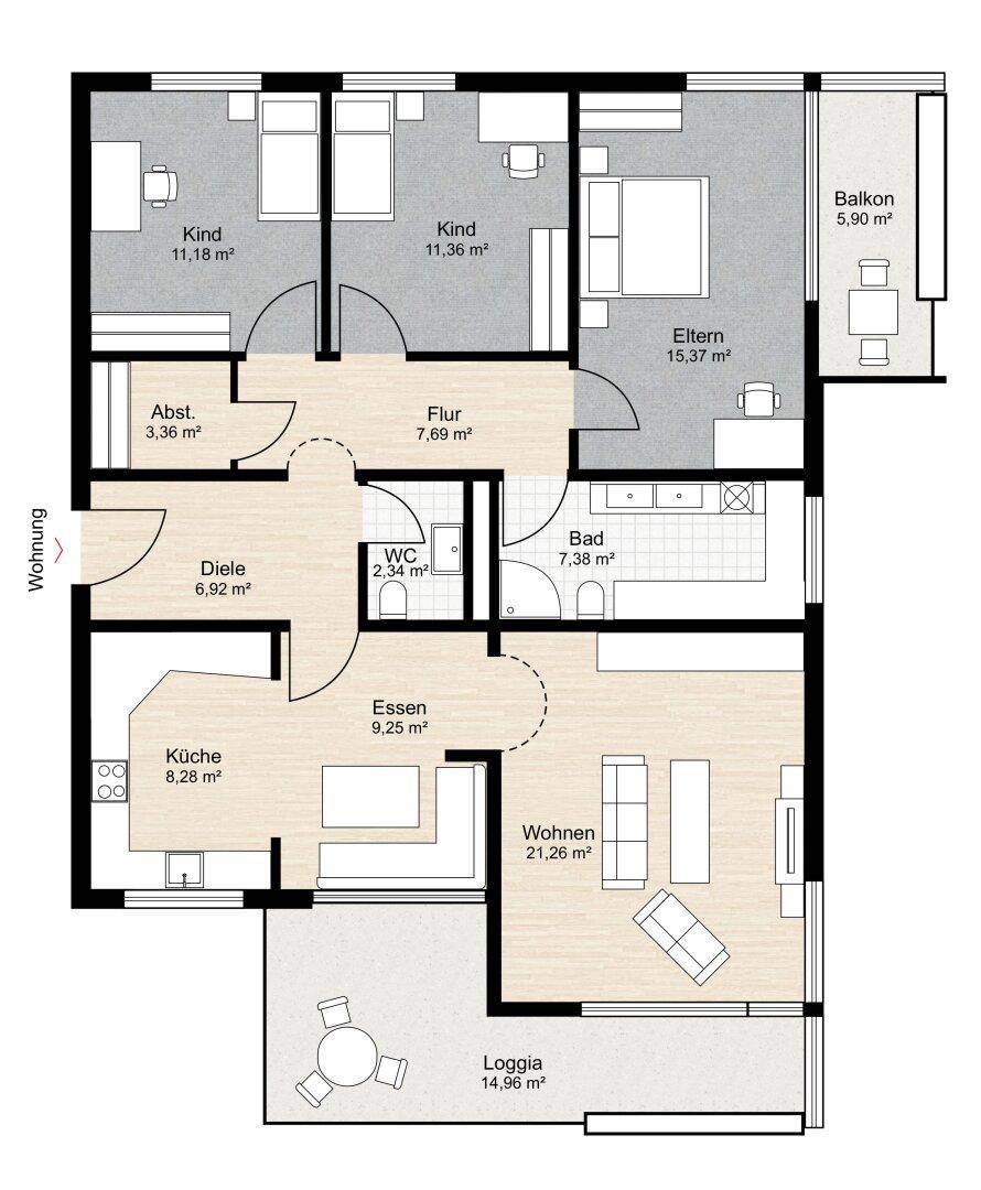 Detaillierter Grundriss der Wohnung mit drei Schlafzimmern, Balkon und Loggia.
