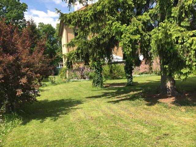 Weitläufiger Garten mit gepflegtem Rasen und alten Bäumen, der zum Entspannen einlädt.