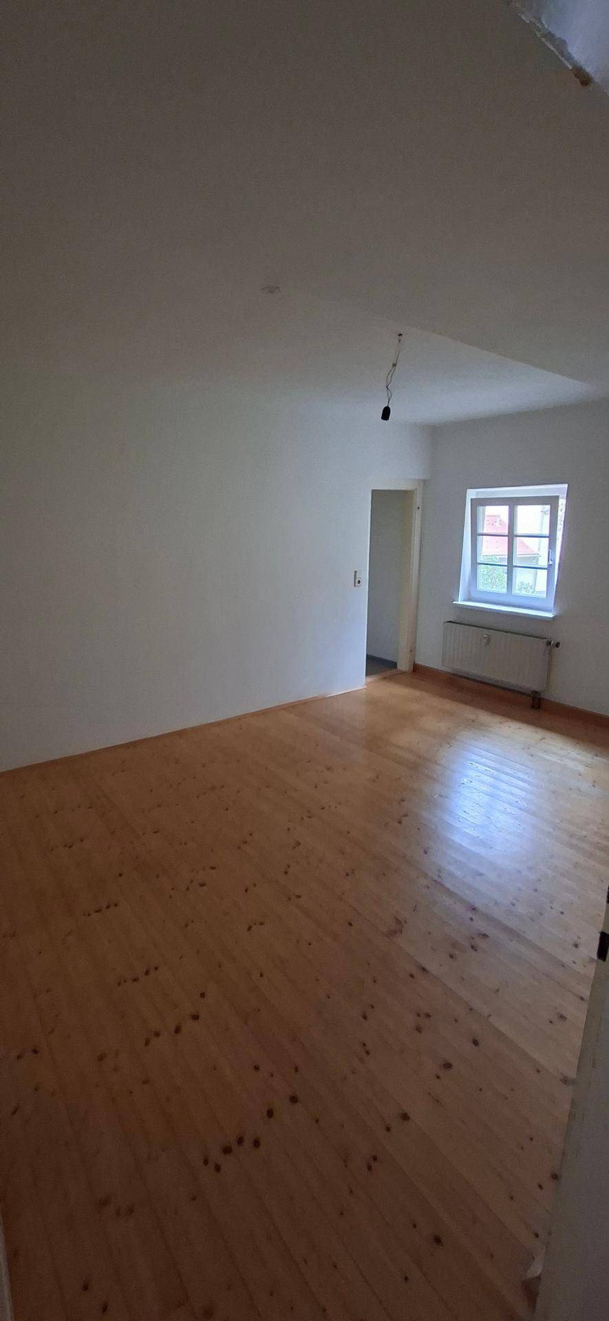 Heller Wohnraum mit Holzplankenboden und einem großen Fenster, das viel Tageslicht hereinlässt.