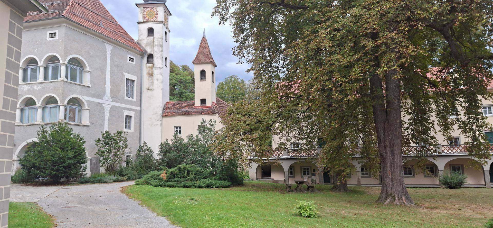 Historisches Gebäudeensemble mit Kirchtürmen, großem Baum und gepflegtem Innenhof.
