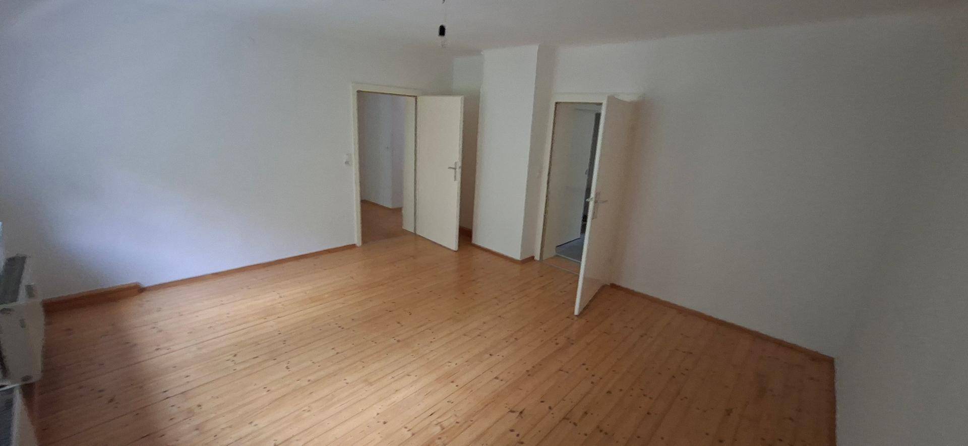 Heller Raum mit Holzplankenboden und mehreren Türen, bietet vielseitige Nutzungsmöglichkeiten.