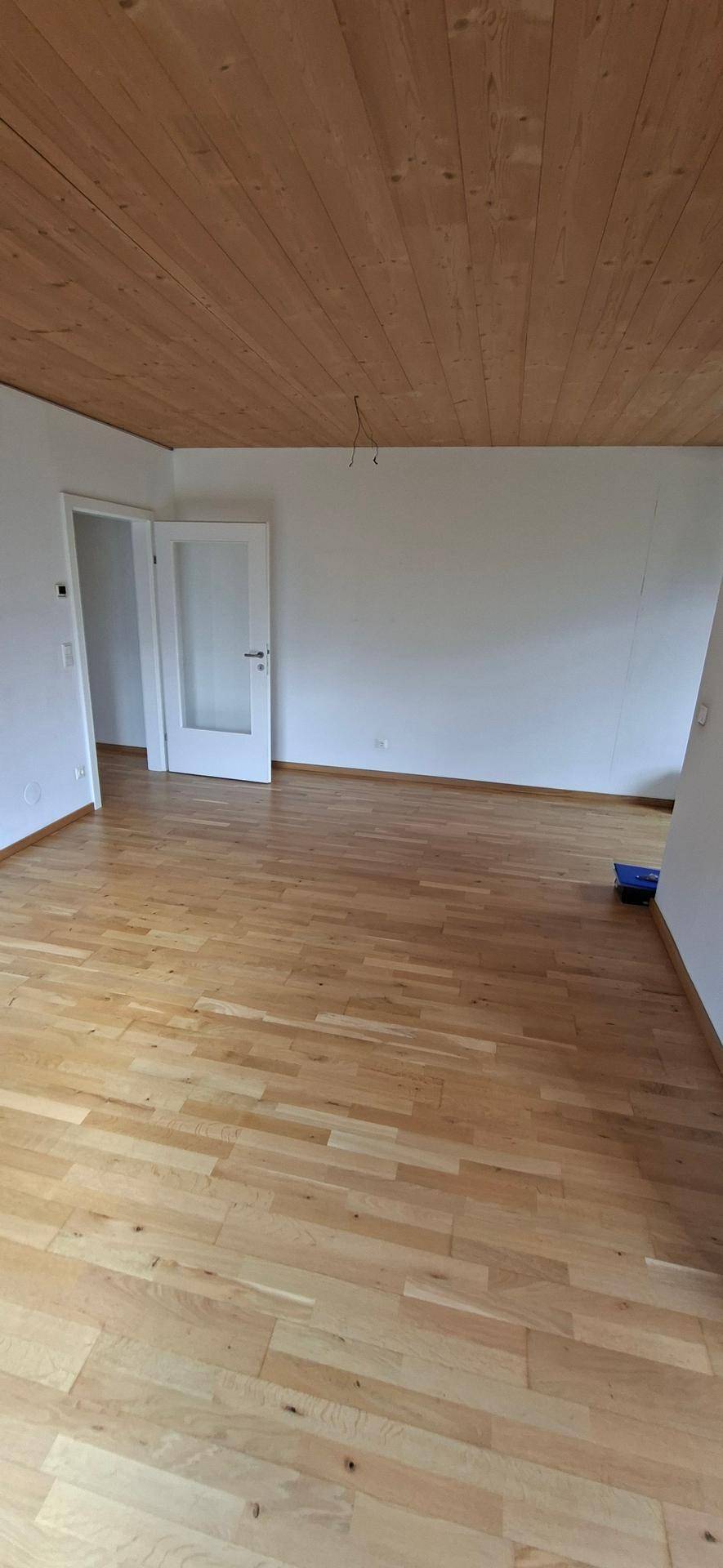 Heller und geräumiger Wohnbereich mit Holzboden und Holzdecke, ideal für offenes Wohnen.